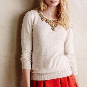 Anthropologie Rivana Pullover Sweater Cream with Beaded Neck Embellishment